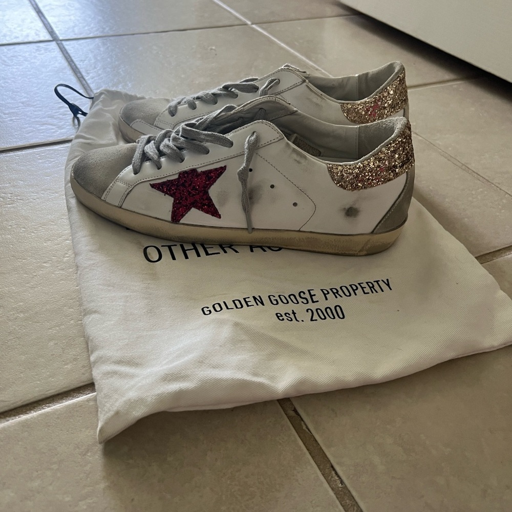Golden Goose White Sneakers with Burgundy Star and Glitter Heel